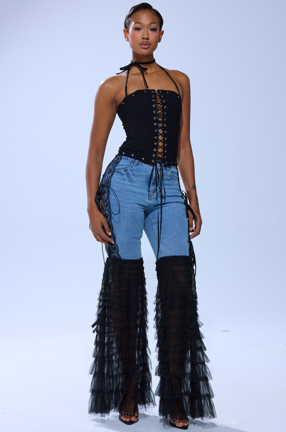 CAN'T DECIDE TULLE AND LACE DENIM JEANS