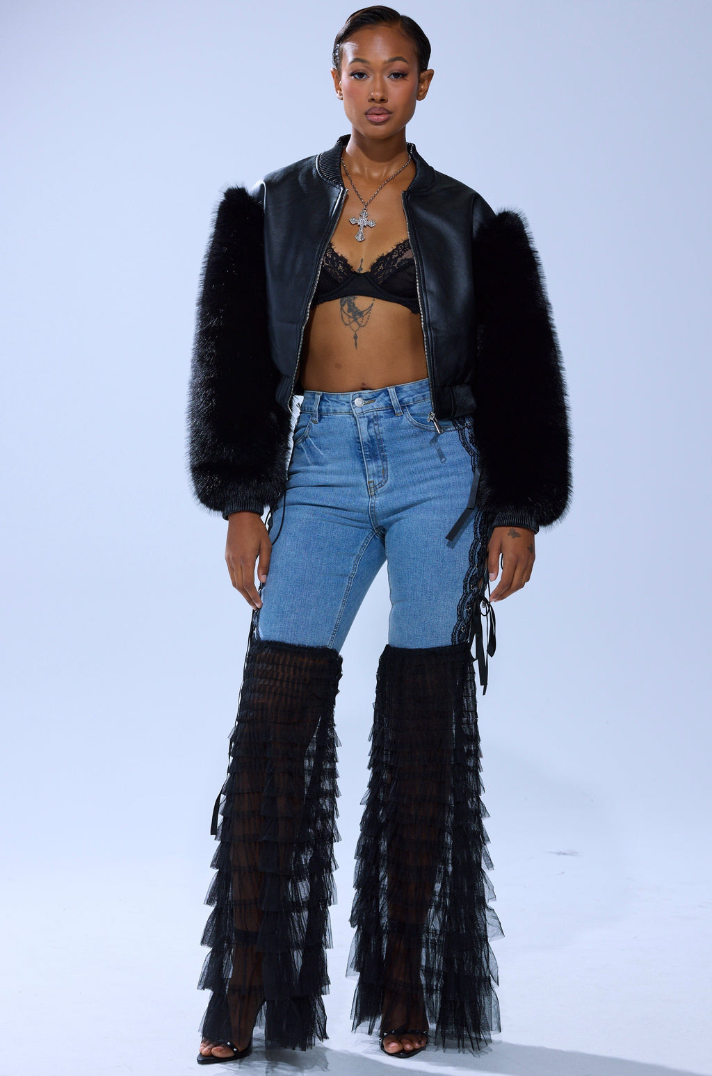 CAN'T DECIDE TULLE AND LACE DENIM JEANS