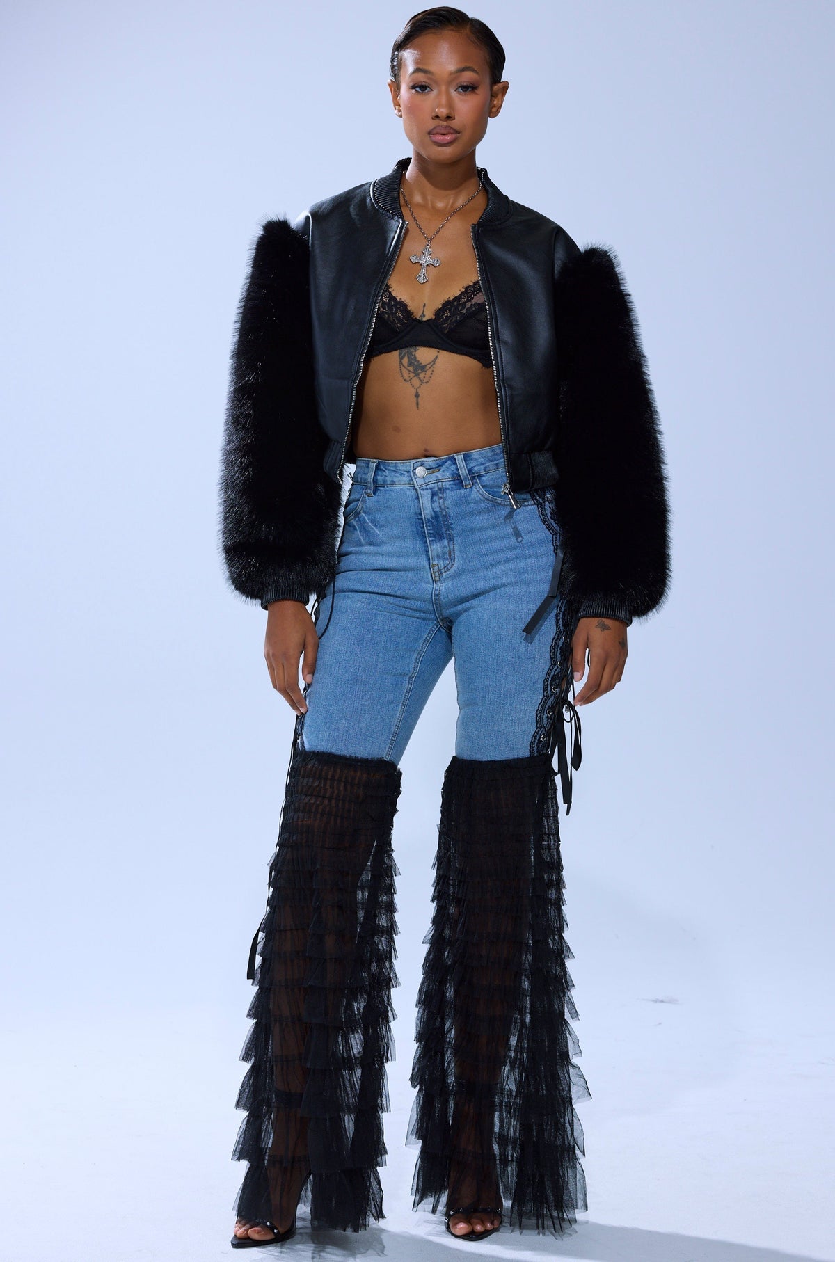 CAN'T DECIDE TULLE AND LACE DENIM JEANS