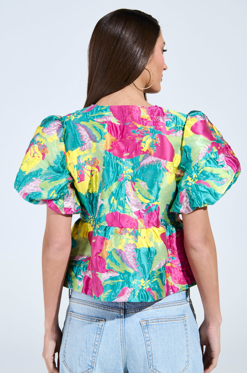 CARIBBEAN VIBES BROCADE TIE FRONT BLOUSE